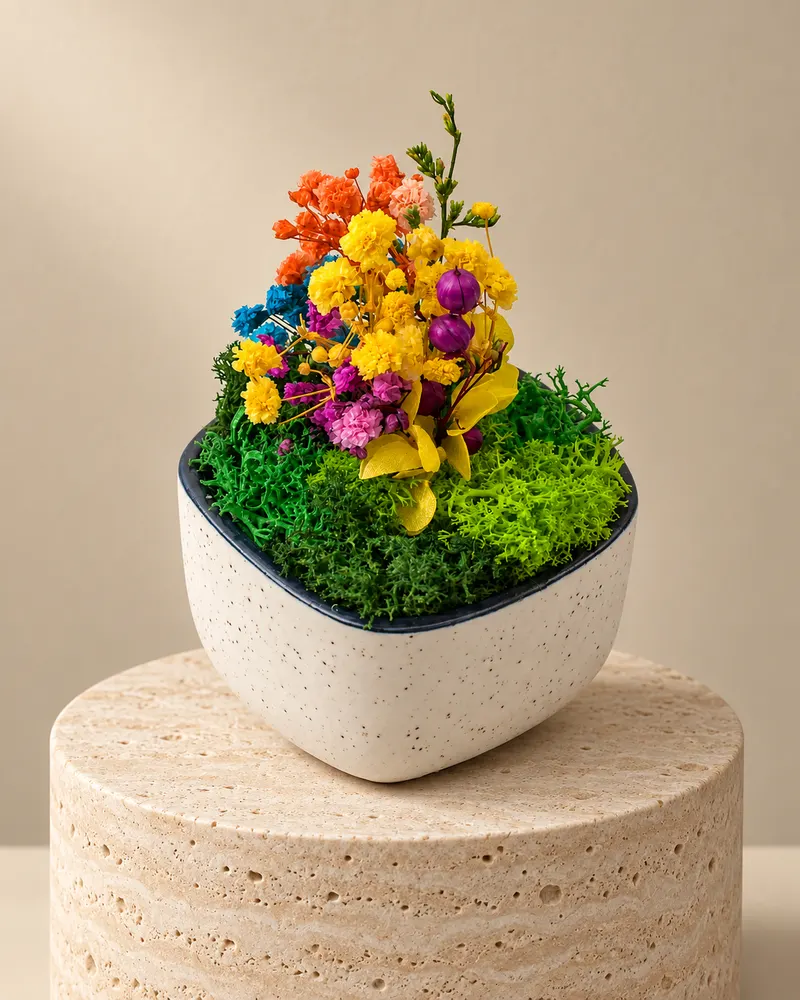 Ceramic Forest Bowl-3", photographed on a stone plinth
