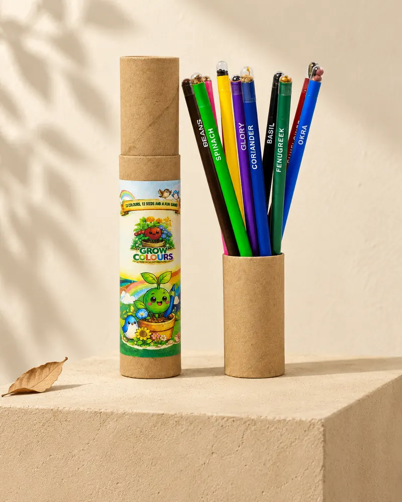 Plantable Colour Pencils (12pc), photographed on a stone plinth