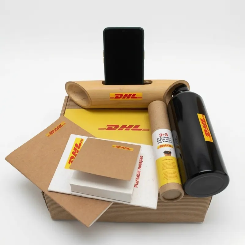 DHL branded eco desk kit with notepads and bottle by bioQ