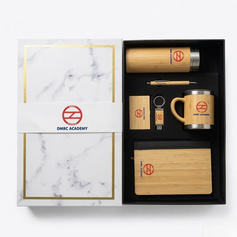 DMRC Academy bamboo gift kit with bottle, mug and keyring by bioQ
