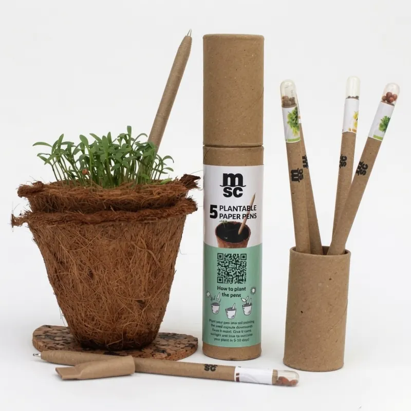 MSC plantable paper pens in a paper tube with coir planter by bioQ