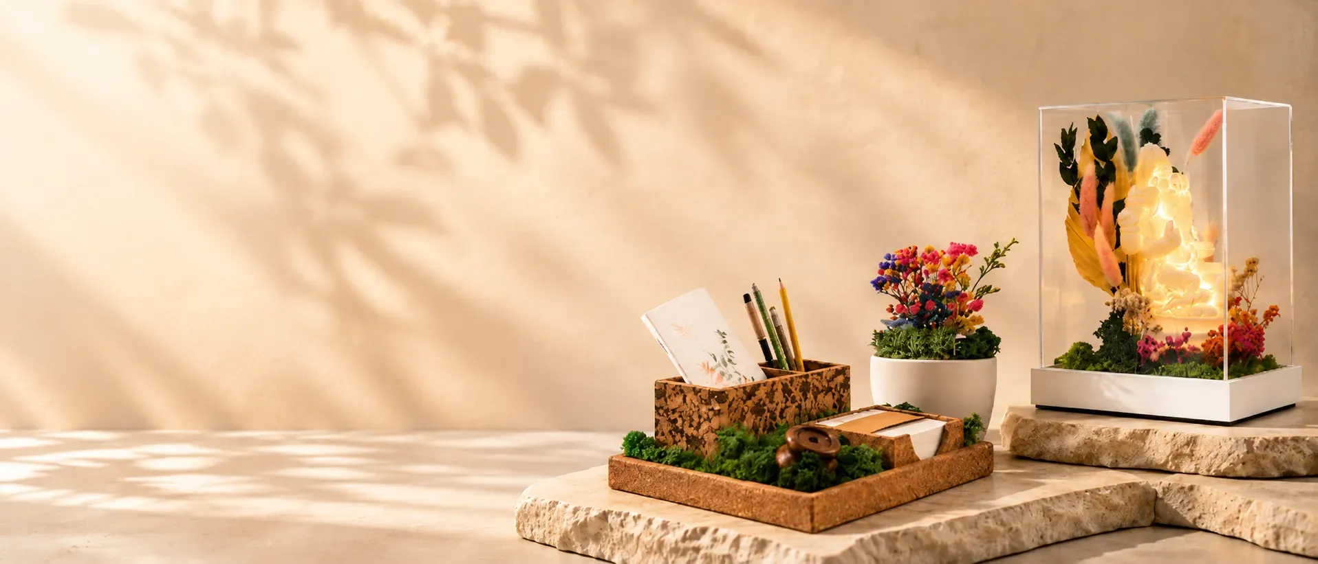 A cork desk organiser with moss, plantable pencils and a seed-paper notebook, preserved flowers in a white pot, and a lit Ganesha terrarium of preserved flowers, on stone in afternoon light