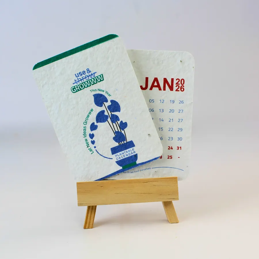 Plantable desk calendar photographed on a wooden easel