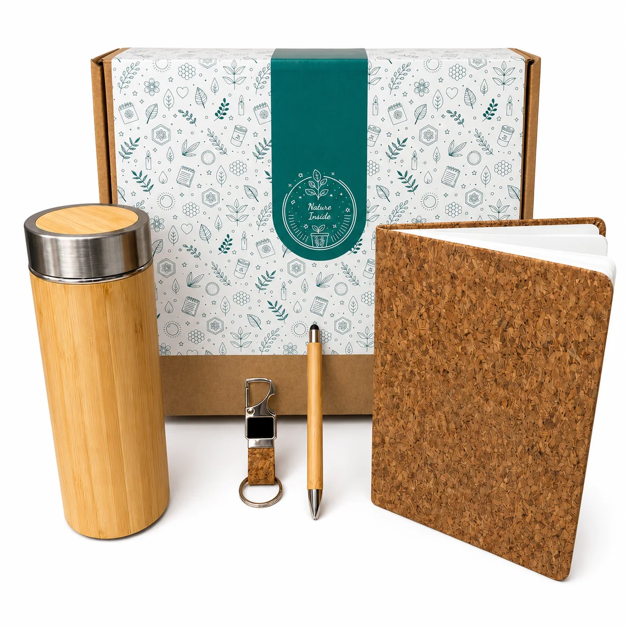 Bamboo and cork desk gift box with bottle, notebook and pen