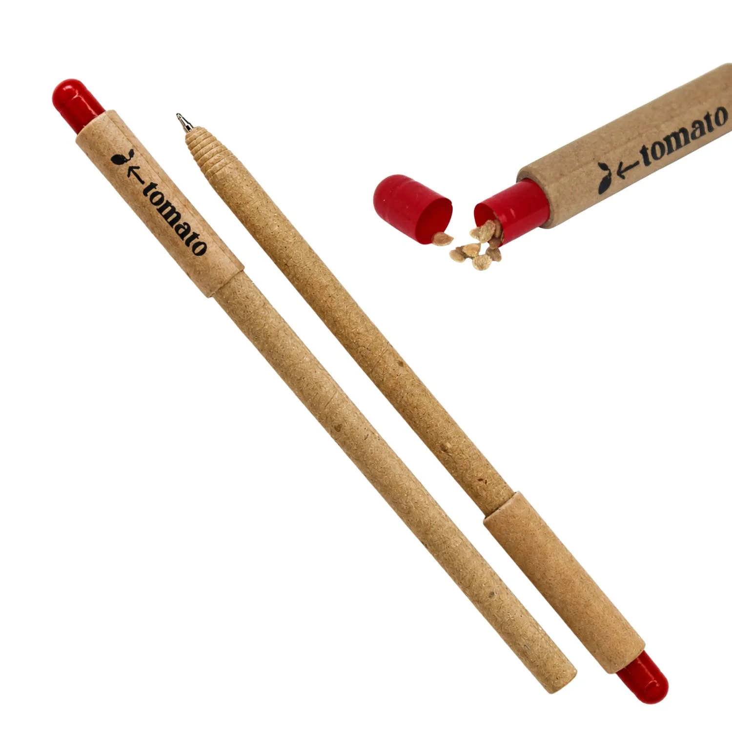 Paper-bodied plantable pen with a visible seed capsule end