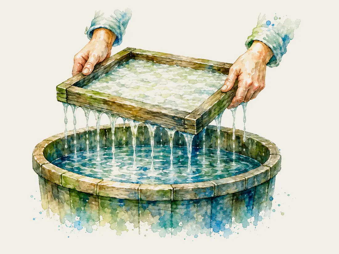 Watercolour illustration of two hands lifting a mould and deckle out of a papermaking vat, water streaming off the fresh sheet